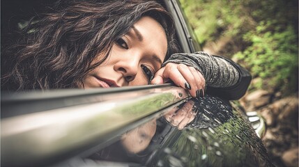 the young woman, resting her head on the car window, was immersed in the emotions of contemplation,