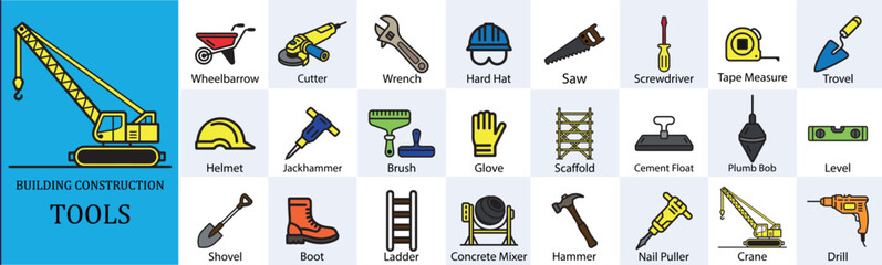 Building Construction Tools Icon Set – Equipment, Safety Gear, and Machinery