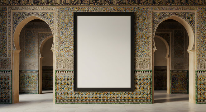 Blank canvas in ornate archway hallway, perfect for your design showcase, adding a touch of luxury and historical elegance to your brand.