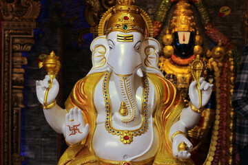 White Four-Armed Lord Ganesha, Hindu Deity of Wisdom and Prosperity, Divine Spiritual Art"