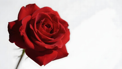 A vibrant red rose with intricate petals against a soft white background