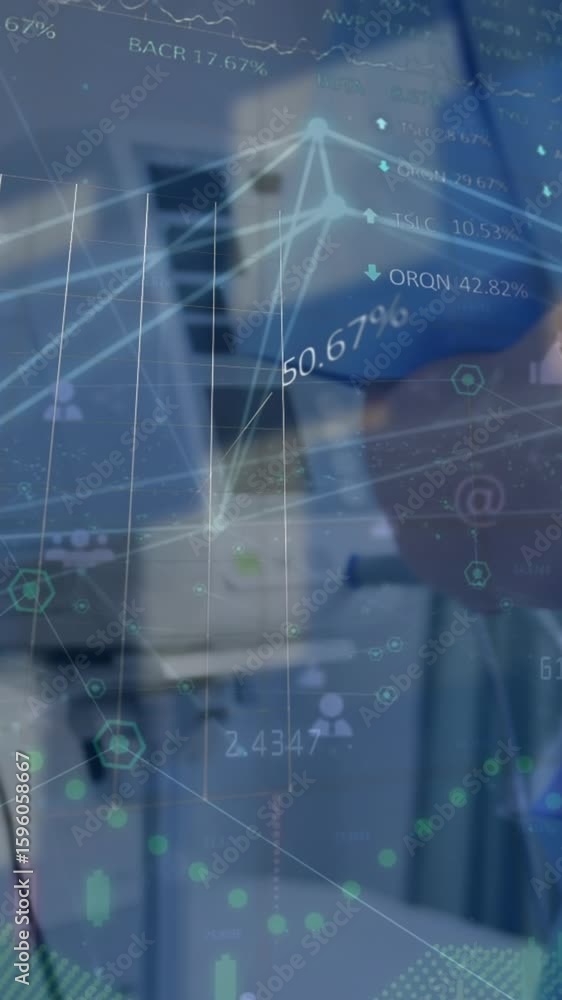 Poster animation of financial data processing over delivery man loading connections