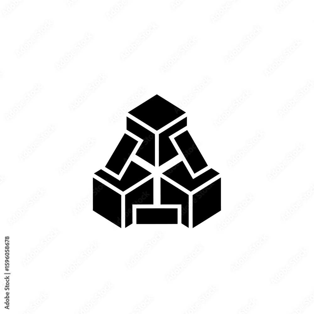 Poster a geometric design featuring stacked cubes and triangular shapes in a symmetrical arrangement on whi