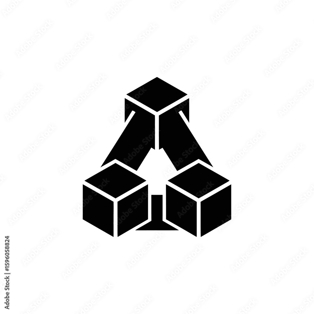 Poster black and white graphic illustration of three cubes connected by triangular prism shapes in a design