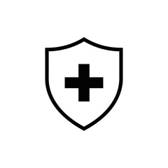 A simple illustration of a black outline shield with a plus sign in the center on a white background