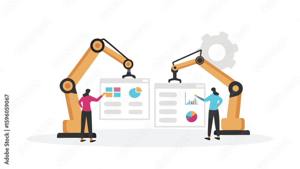 Poster two robotic arms presenting data dashboards to women in a modern presentation setting scene view