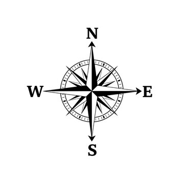 A black and white compass rose with the cardinal directions labeled clearly on a white background image