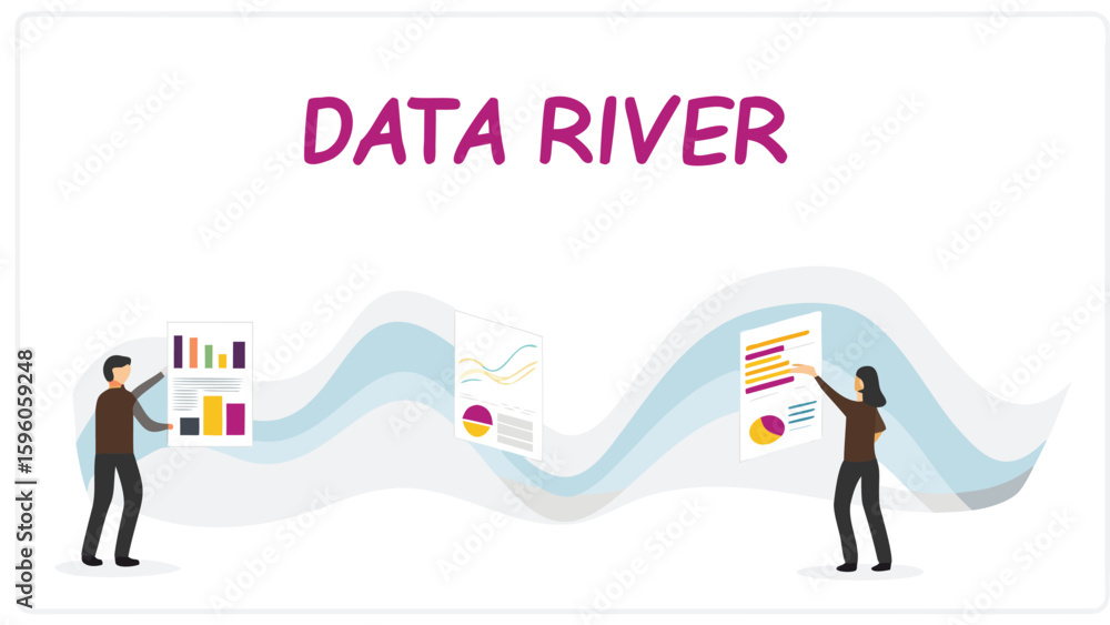 Poster data river concept showing two people holding charts with data flowing between them on a white backg