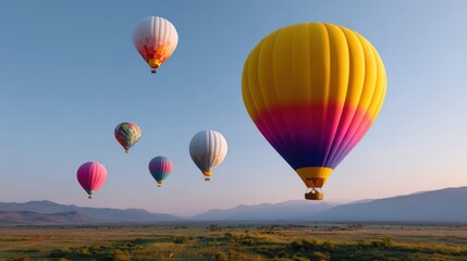 Obraz premium Hot air balloons floating over colorful landscape during sunrise festival