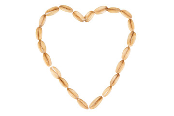 Oatmeal flakes in the shape of a heart for food design and packaging isolated on transparent background.