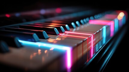 Red and blue neon lights reflect on piano keys in a dark setting, emphasizing musical creativity and modern energy.