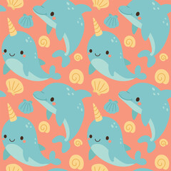 Charming narwhal and dolphin pattern with shells and bubbles, designed in pastel colors for fun marine-themed kids’ products. © AlexTroi