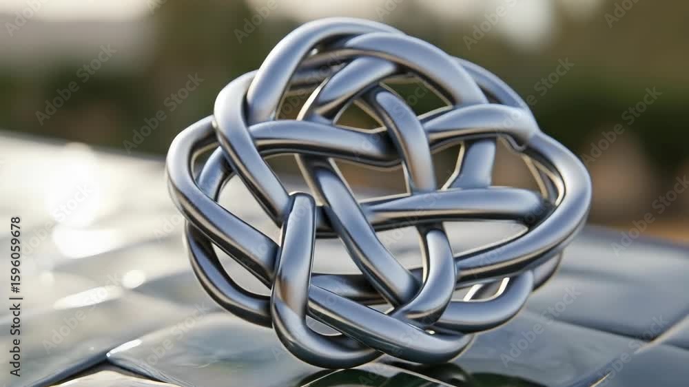 Poster a silver object with a knot in the middle. it is on a green surface. the object is shiny and metalli