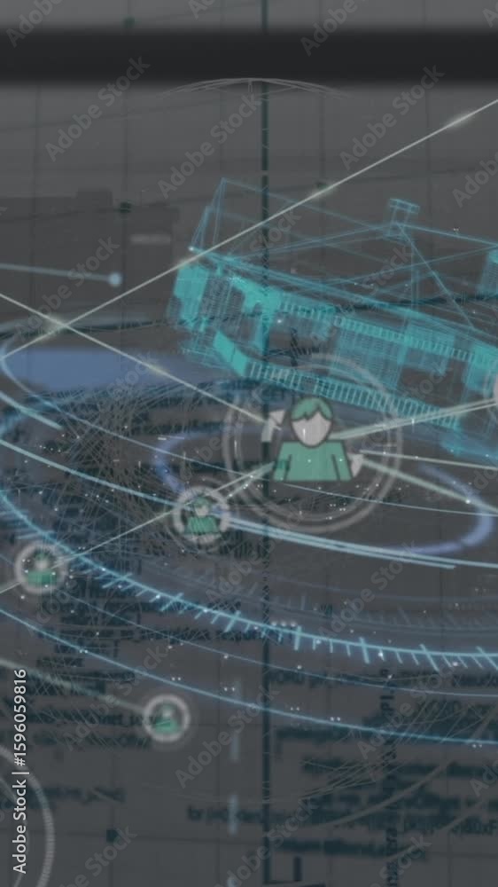 Poster animation of network of connections with icons over scope scanning and data processing