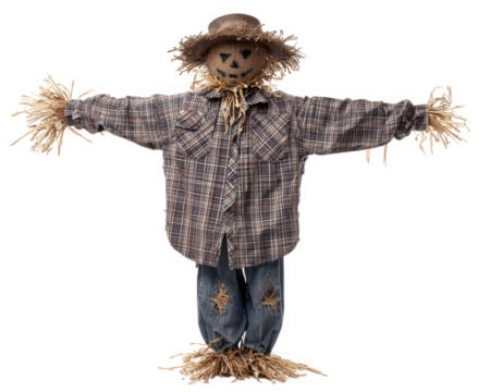 Scarecrow costume with straw hat plaid shirt denim pants straw accents and patches arms outstretched rustic autumn decoration cheerful and whimsical expression