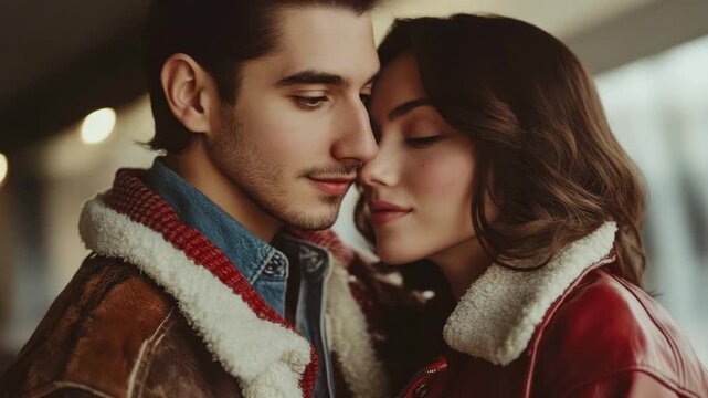 A young couple sharing a warm embrace on a snowy city street. Both are dressed in winter clothing, emphasizing the chilly weather and their connection.