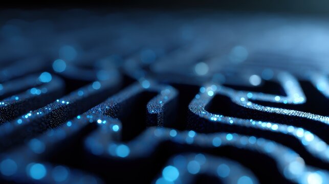 Abstract background of flowing data visualized as a complex maze, navigating digital risks. Challenge, complexity. Blue.