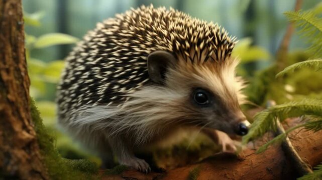 A charming hedgehog in a lush green forest, surrounded by various plants and trees.