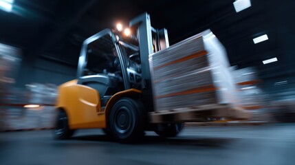 Forklift operator moving pallets in a busy warehouse, efficient logistics. Supply chain, order. Industrial.