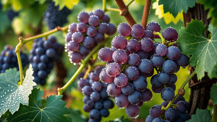 Fototapeta premium Close-up of a fresh grape cluster with morning dew resting on lush green vines, showcasing natural ripeness and vitality.