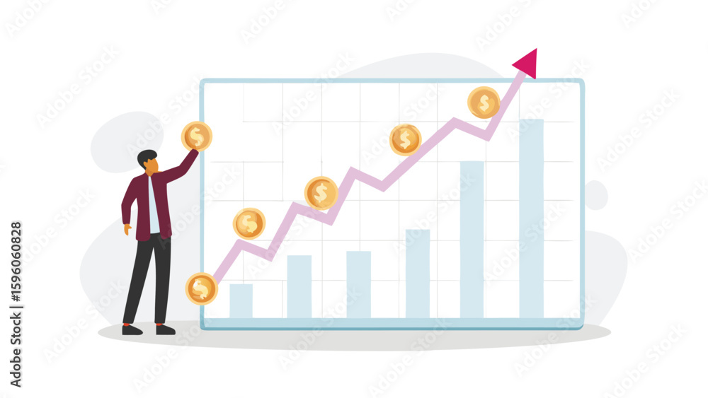 Poster man adding coins to an upward trending graph with bars and arrow showing financial growth and succes