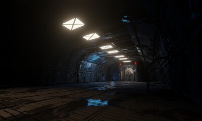 Computer hub and data interior sci-fi architecture 3d rendering wallpaper background