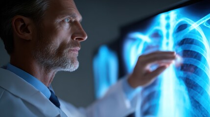 Obraz premium Medical researcher reviewing X-rays and diagnostic scans on digital screens