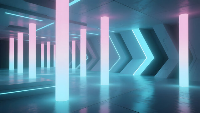 Futuristic Corridor with Neon Lighting and Geometric Patterns