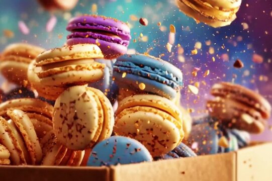 Colorful macarons scatter in the air, showcasing their vibrant hues. This delightful display highlights the artistry of dessert making and enthusiasm for sweet treats