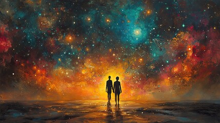 Primitive world creation story painted in childlike perspective with ink blot figures and stars.