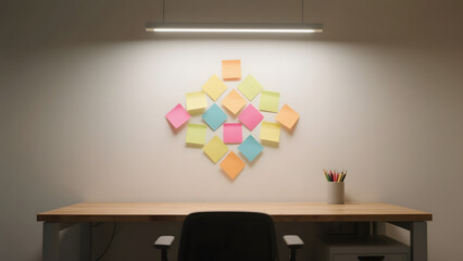 Minimalist Office Desk with Colorful Sticky Notes Arranged in a Diamond Shape on the Wall
