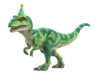 Green dinosaur wearing party hat isolated on transparency background playful and festive mood detailed texture animal costume celebration fun children party prehistoric theme