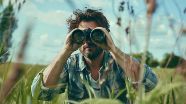 A man using binoculars to look at something in a grassy field, possibly observing wildlife or taking in the natural scenery.