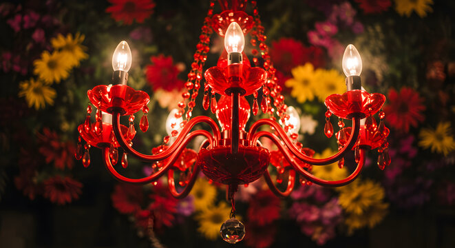 Red crystal chandelier illuminates a vibrant floral backdrop, perfect for adding a touch of romance and elegance to your home decor or event photography.
