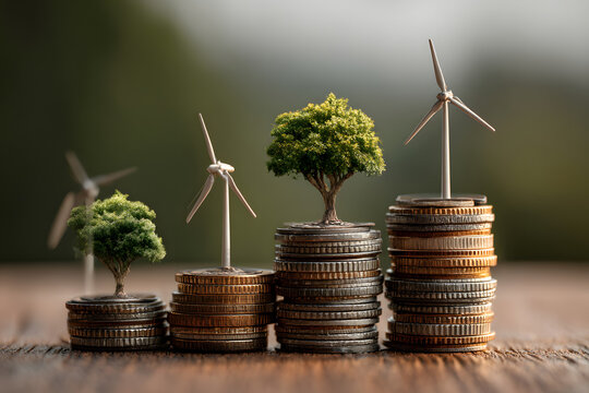 Investing in renewable energy with coins, solar, and wind elements. Business growth sustainability expansion concept.