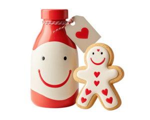 Smiling milk bottle and gingerbread cookie with heart decorations, cheerful and cute, isolated on transparency background, perfect for holiday or Valentine themes