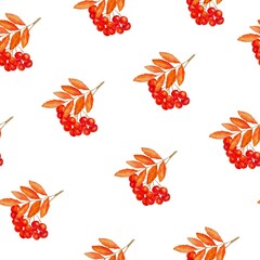 Seamless watercolor pattern with bright rowan berry clusters and leaves, hand drawn. Perfect for autumn design, textiles and packaging.