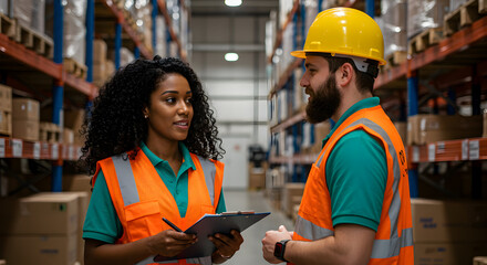 Warehouse workers, a man and woman, discuss inventory and logistics in a modern distribution center, ensuring efficient operations and supply chain management.