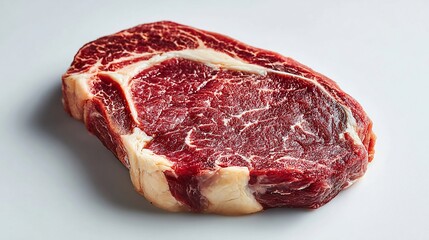 Obraz premium Marbled ribeye steak, raw & crimson, sits on white. Fat glistens; muscle fibres weave intricate patterns