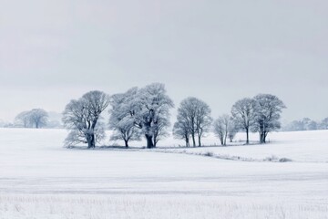 Fototapeta premium Snow-covered field with distant trees in winter silence
