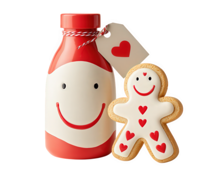 Smiling milk bottle and gingerbread cookie with heart decorations, cheerful and cute, isolated on transparency background, perfect for holiday or Valentine themes