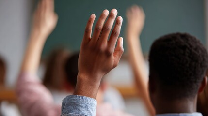 Classroom scene with diverse students raising hands