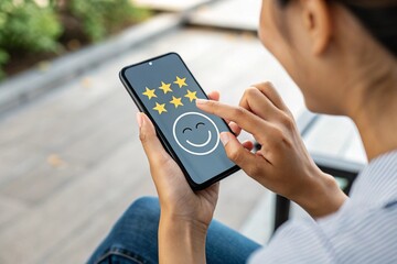Customer giving a positive review on a smartphone screen