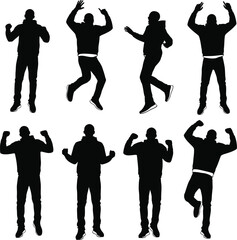 Obraz premium Silhouette vector art of people jumping and celebrating success with arms raised up