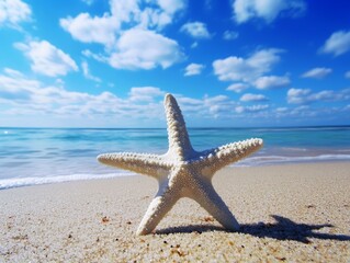 Cheerful happy Friday message elegantly overlaying a clear blue sky and a sunlit sandy beach scene
