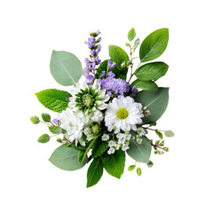 A close-up view of a floral bouquet, featuring delicate white and light purple flowers, eucalyptus leaves, and greenery
