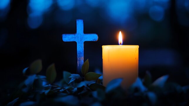 Elegant Lit Candle and Cross with Subdued Blue Illumination Representing Remembrance and Faith