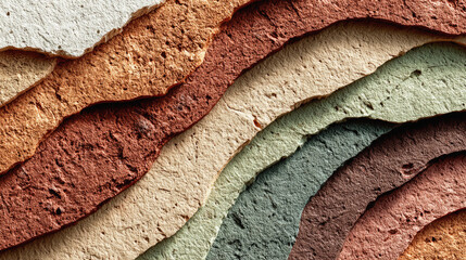 Abstract representation of layered textured colored stone in earth tone palettes creating a grounded and organic visual style.