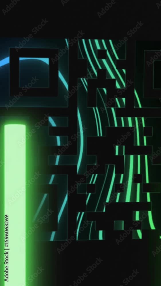 Poster animation of fingerprint pattern in qr code with glowing bars against black background