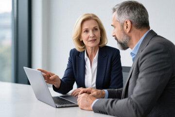 Mature business woman and man discussing project at office desk